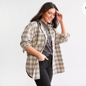 Buckle Boyfriend Fit Hooded Flannel Shirt